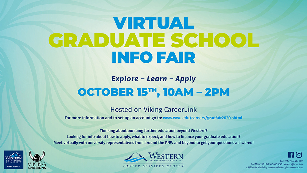 Virtual Graduate School Info Fair Promo Graphic, content on blue background