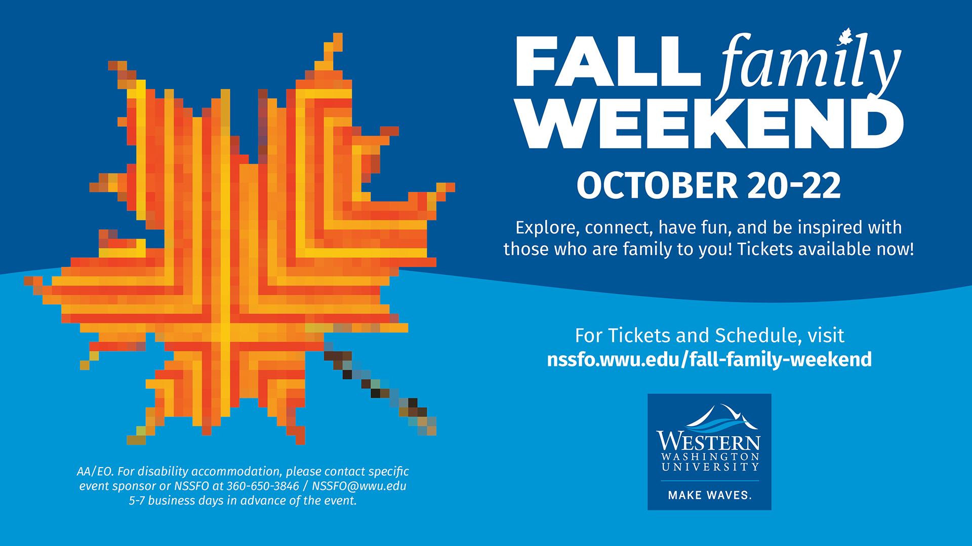 Orange leaf on blue background with Fall Family Weekend event October 20-22, 2023