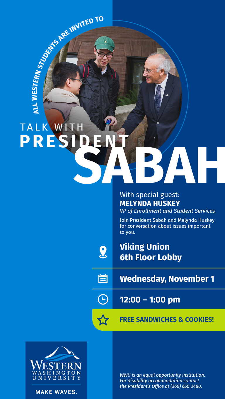 Informational flyer with photo of President Sabah talking with students