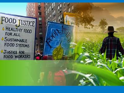 Montage of Food Justice placards and a farmer standing in a field of corn