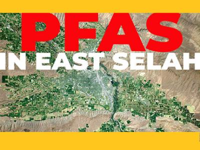 Satellite view of the town of Selah, Washington with the words PFAS IN EAST SELAH.