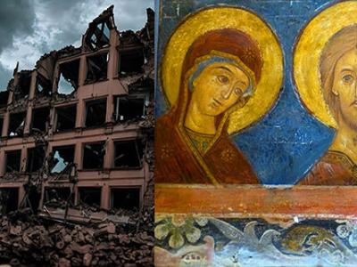 A bombed out building in Ukraine and Christian religious icons.